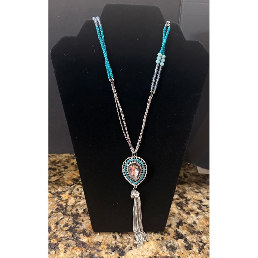 Simply Vera Wang Necklace Silver Tone Blue Teardrop Tassel Beaded Long Boho